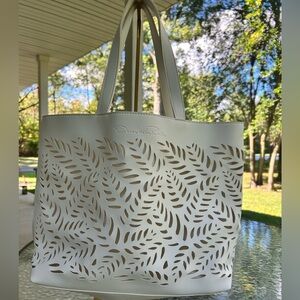 Oscar de la Renta White Laser-Cut Leather Tote